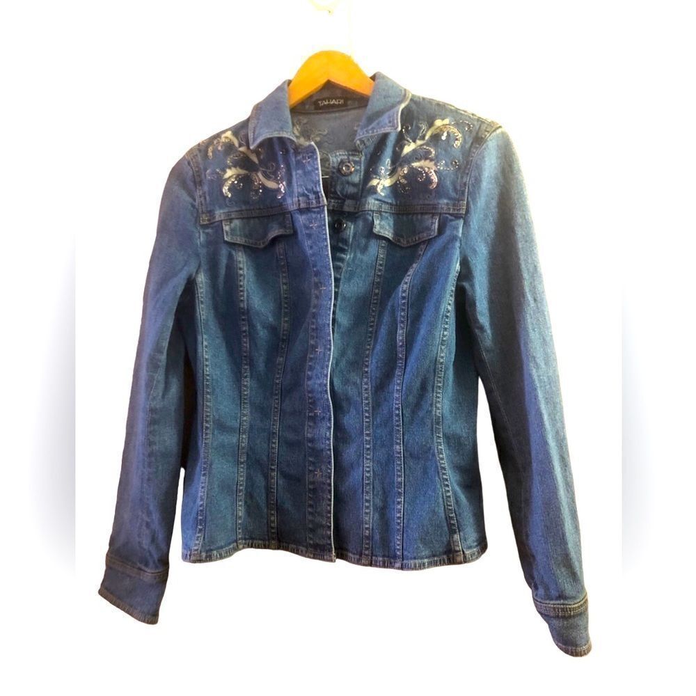 Tahari Navy Blue Cotton Denim Beaded Embellished Jean Jacket Customized